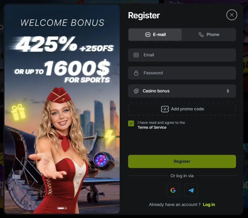 Форма регистрации JetTon Casino с выбором способа создания аккаунта